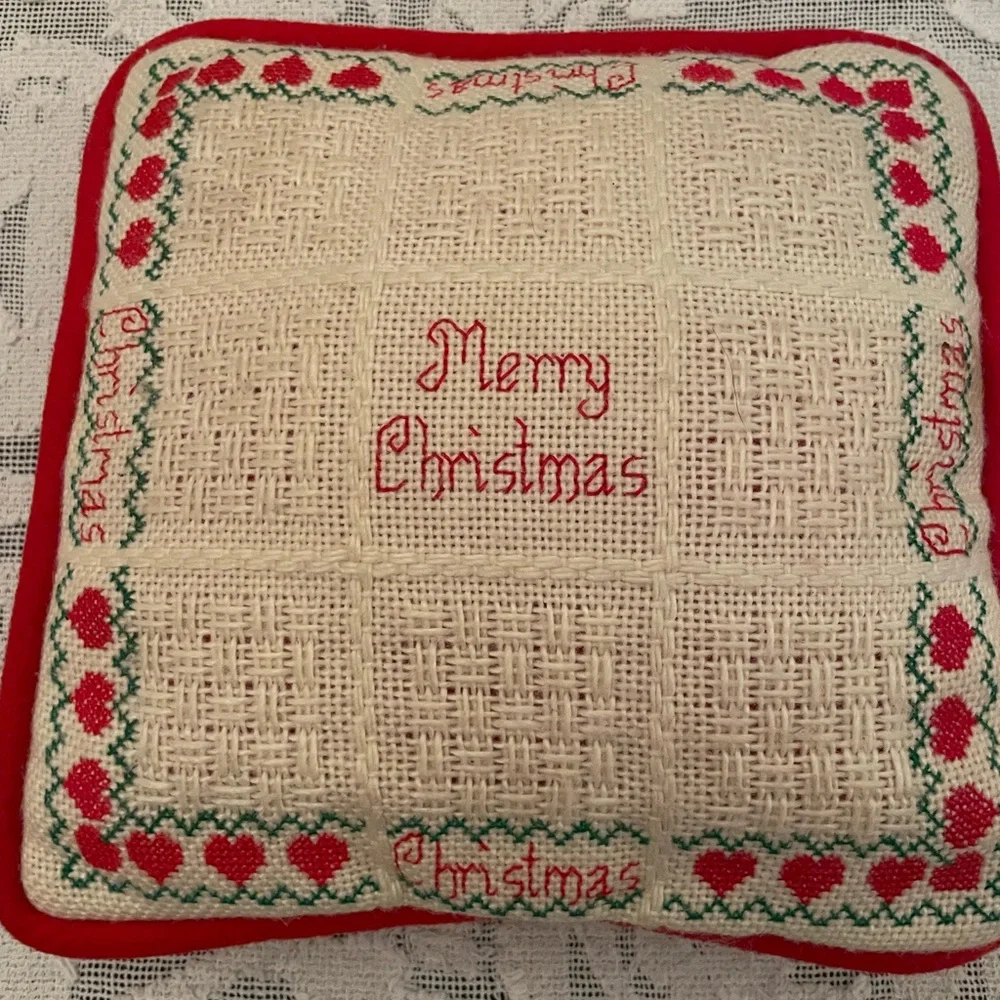 Vintage Embroidered Cross-Stitched Christmas Accent Pillow